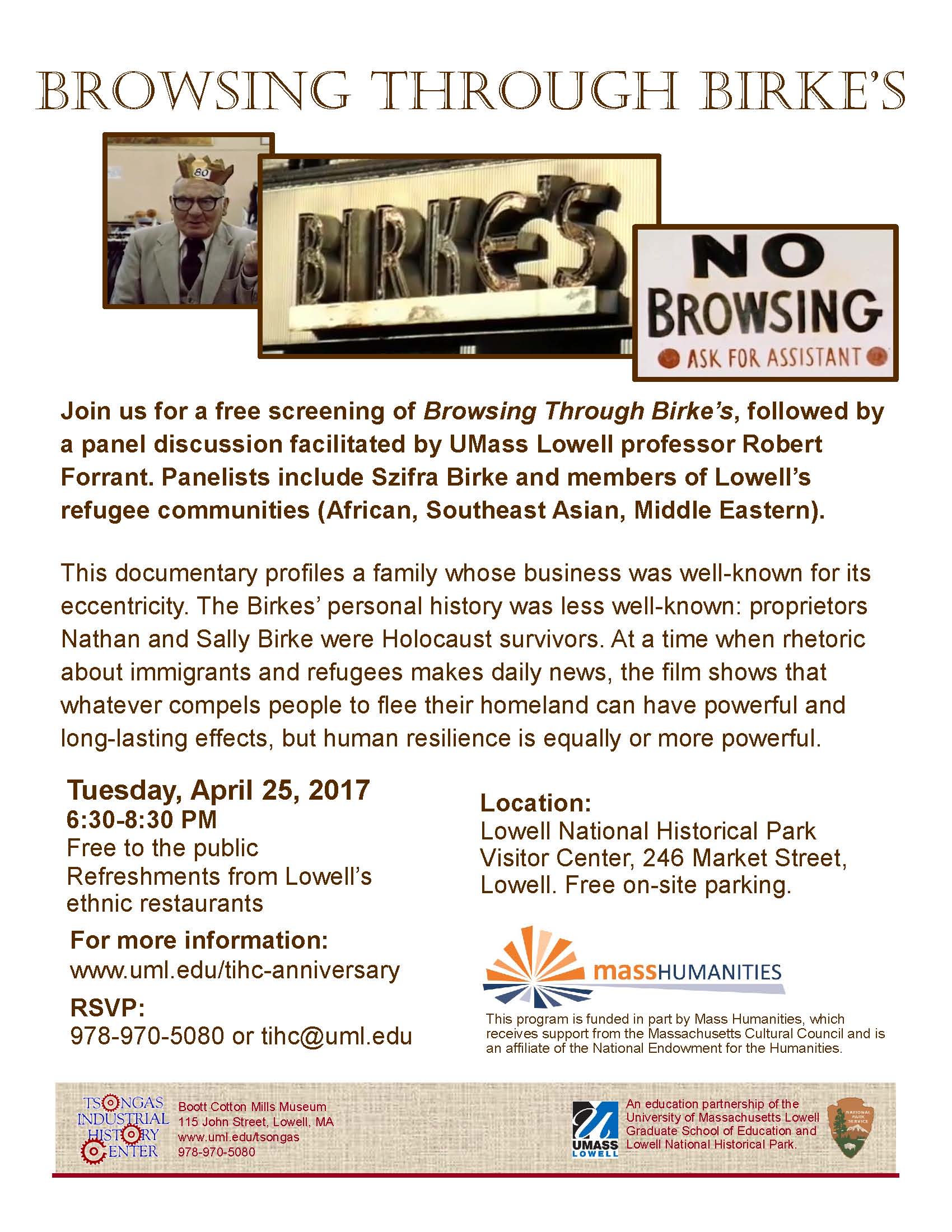 flyer Tsongas Industrial History Center presents Browsing Through Birke's April 25, 2017